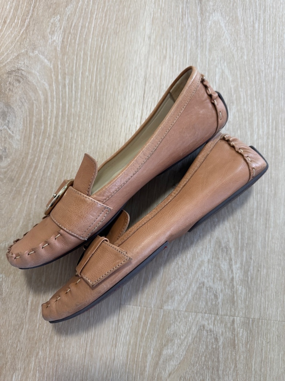 Frances Valentine Tan Leather Loafers with Gold Buckle - Picture 2 of 7